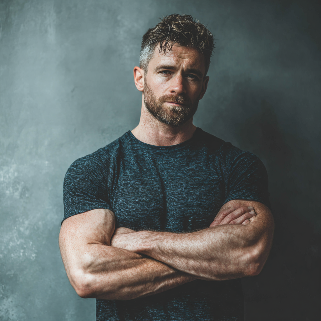 Strong confident man in athletic wear standing with arms crossed, showing determination and mental strength